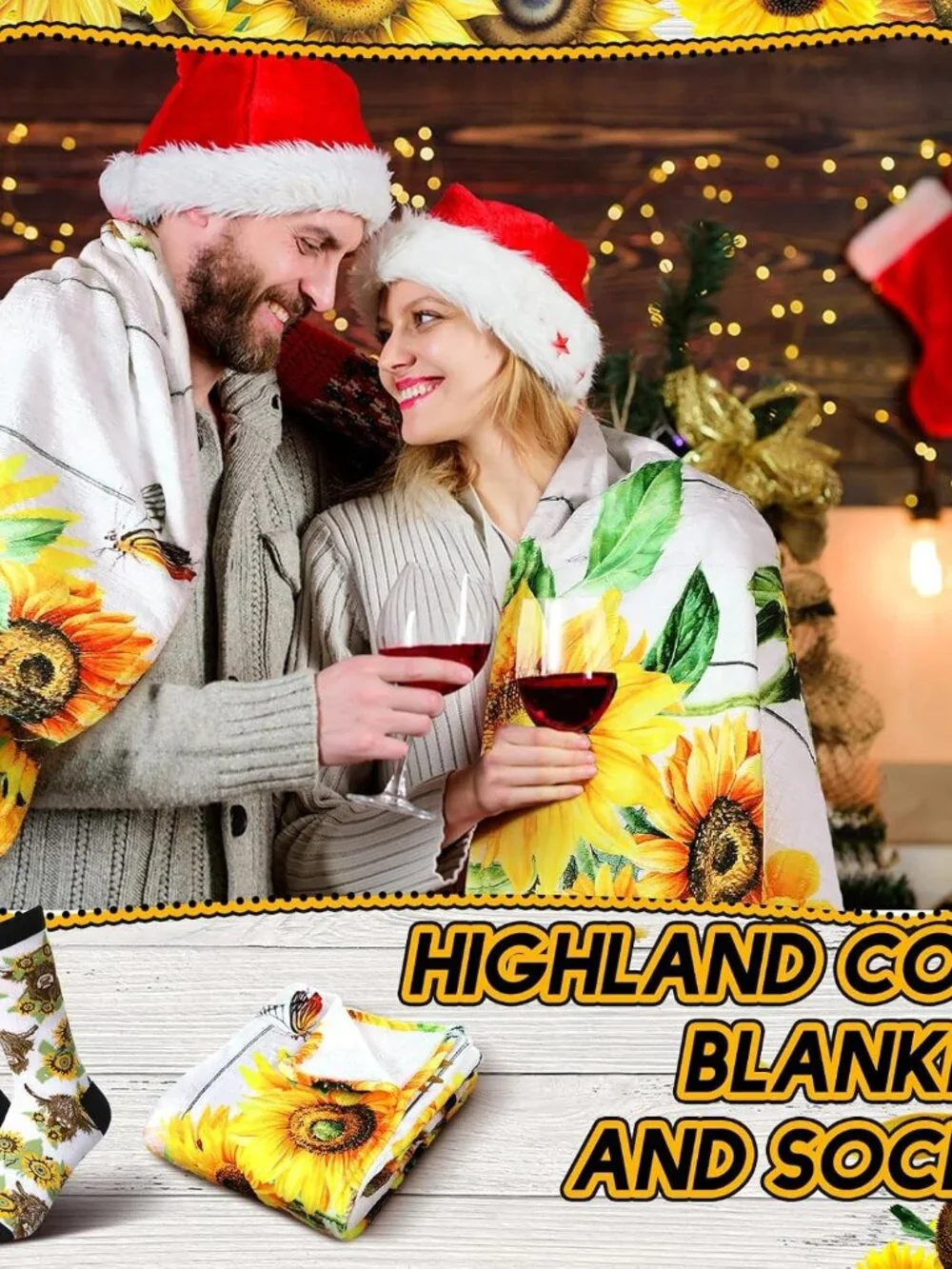 2 Pcs Sunflower Highland Cow Gifts Blanket and Socks Set, 50